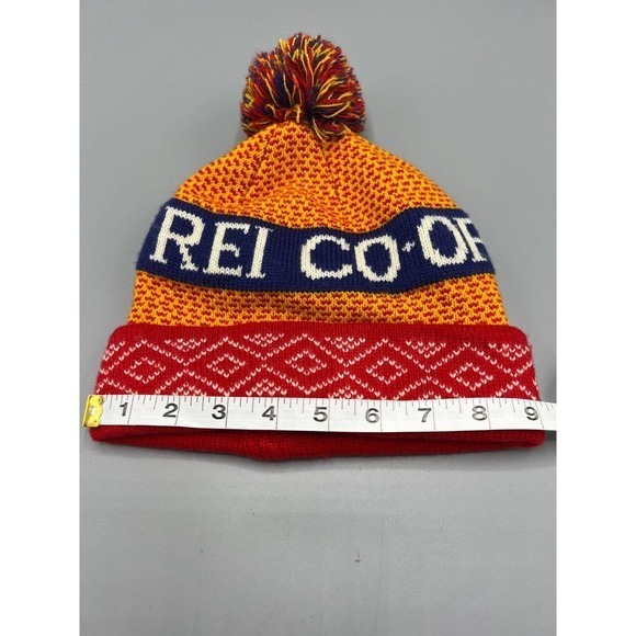 REI CO-OP Youth 7-14Y Kids Winter Beanie Retro Hat Pom‎ Red Orange Navy - Picture 3 of 6